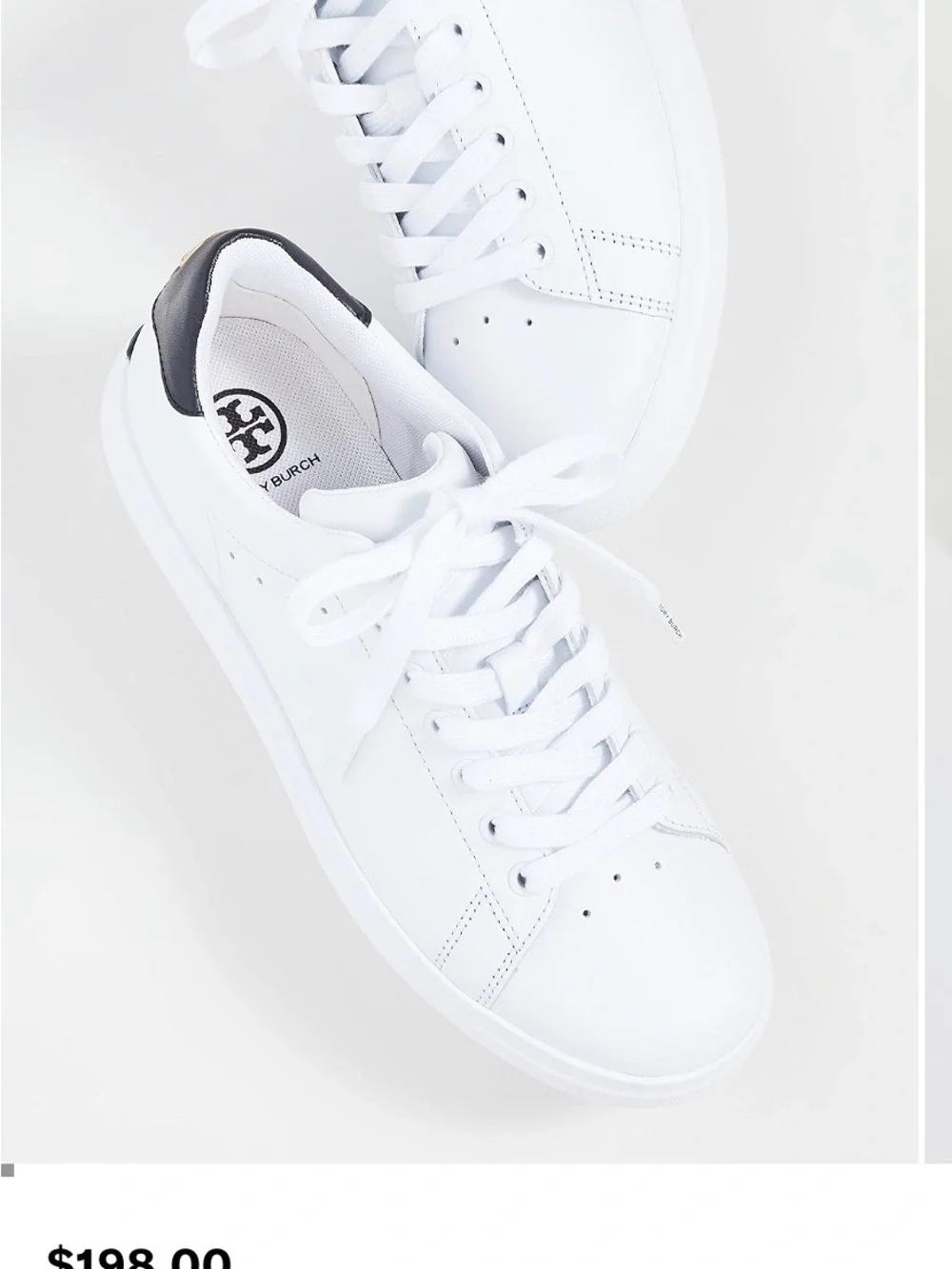 Tory Burch White Leather Sneakers with Black Heel Patch and Gold Emblem